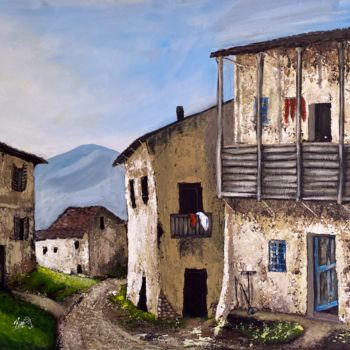 Malerei mit dem Titel "Le village se révei…" von Bukurije Avdija, Original-Kunstwerk, Acryl