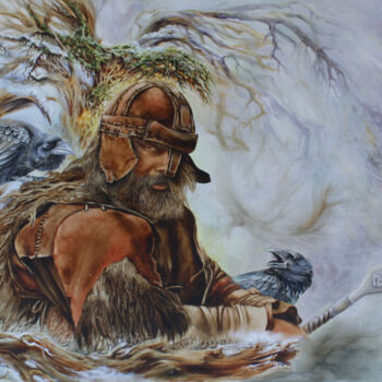 Peinture intitulée "Бог Один с воронами…" par Kira Mofa Sargon, Œuvre d'art originale, Huile