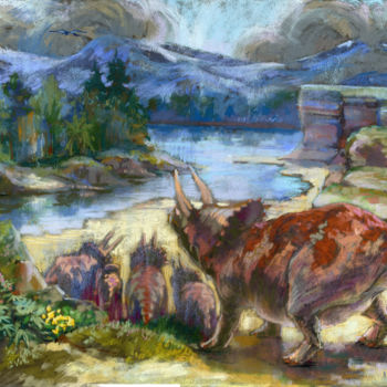 图画 标题为“Triceratopses On A…” 由Kira Sokolovskaia, 原创艺术品, 粉彩