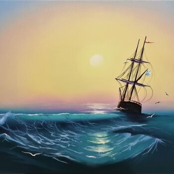 Painting titled "Sailboat under the…" by Kirill Nemaltsev, Original Artwork, Oil Mounted on Wood Stretcher frame