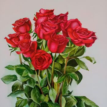 Painting titled "Red roses" by Kirill Shevchenko, Original Artwork, Acrylic Mounted on Wood Stretcher frame