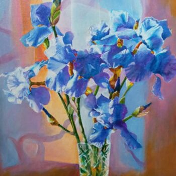 Painting titled "Irises in a crystal…" by Kirill Shevchenko, Original Artwork, Acrylic Mounted on Wood Stretcher frame