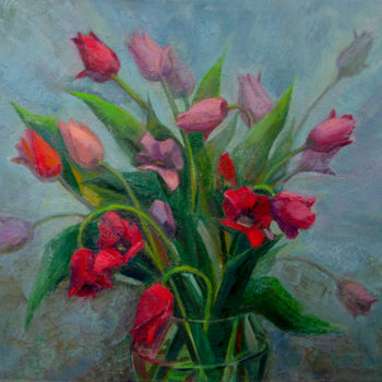 Painting titled "Bouquet of red scar…" by Irina Kuzina, Original Artwork, Oil