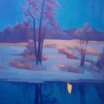 Painting titled "Winter full moon" by Irina Kuzina, Original Artwork, Oil Mounted on Wood Stretcher frame