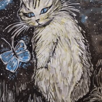 Dibujo titulada "le chat qui rêvait" por Sarah Bouzaglou Boissin, Obra de arte original, Conté