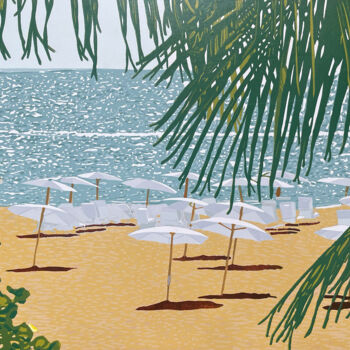 Printmaking titled "Beach Umbrellas" by Kirstie Dedman, Original Artwork, Linocuts