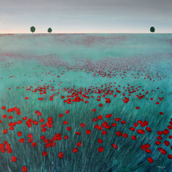Malarstwo zatytułowany „Poppy Field” autorstwa Kirstin Mccoy, Oryginalna praca, Olej Zamontowany na Drewniana rama noszy
