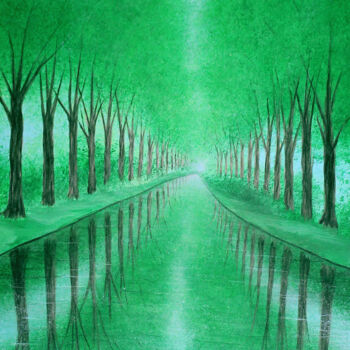 Painting titled "Canal du Midi France" by Kirstin Mccoy, Original Artwork, Oil Mounted on Wood Stretcher frame