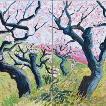 Painting titled "Almond blossom in A…" by Kirsty Wain, Original Artwork, Oil Mounted on Wood Stretcher frame