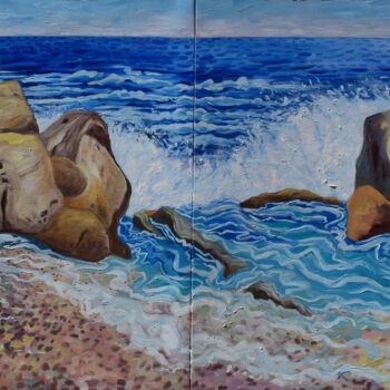 Painting titled "Waves at Playa de l…" by Kirsty Wain, Original Artwork, Oil Mounted on Wood Stretcher frame