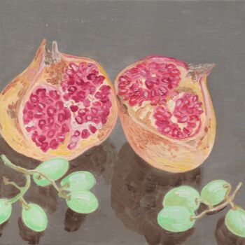 Painting titled "Pomegranate and gra…" by Kirsty Wain, Original Artwork, Oil Mounted on Wood Stretcher frame