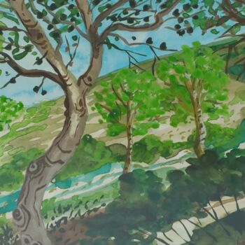 Pintura intitulada "Pine trees on the S…" por Kirsty Wain, Obras de arte originais, Aquarela Montado em Plexiglass