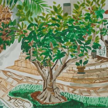 Painting titled "Nispero tree in Spa…" by Kirsty Wain, Original Artwork, Watercolor Mounted on Plexiglass
