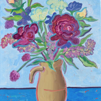 「Bouquet in a vase」というタイトルの絵画 Kirsty Wainによって, オリジナルのアートワーク, オイル ウッドストレッチャーフレームにマウント