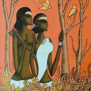 Malerei mit dem Titel "Trible life-02" von Kirtiraj Mhatre Raj, Original-Kunstwerk, Acryl
