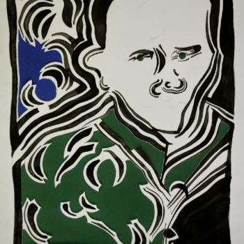 Drawing titled "Portrait with green" by Kirill Trana, Original Artwork, Ink