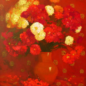 Painting titled "Red Still Life" by Helen Kishkurno, Original Artwork, Oil