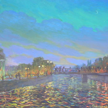 Painting titled "Evening in My City" by Helen Kishkurno, Original Artwork, Oil
