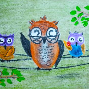 Schilderij getiteld "The Owl" door Kishore Bishoi, Origineel Kunstwerk, Pastel