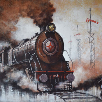 Pittura intitolato "Indian Steam locomo…" da Kishore Pratim Biswas, Opera d'arte originale, Acrilico
