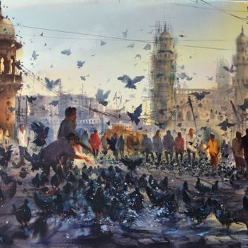 Malerei mit dem Titel "Feeding Pigeons at…" von Kishore Singh, Original-Kunstwerk, Aquarell