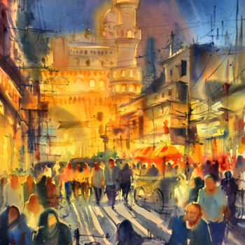 Картина под названием "CHARMINAR NIGHT WAT…" - Kishore Singh, Подлинное произведение искусства, Акварель
