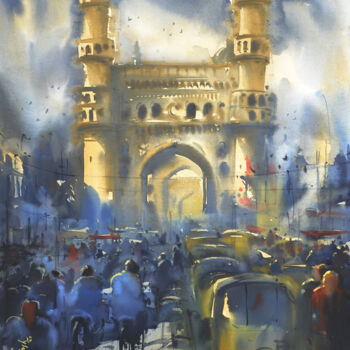 Painting titled "Rroadside kiosk old…" by Kishore Singh, Original Artwork, Watercolor