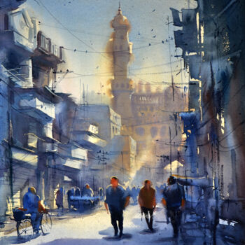 Schilderij getiteld "Laad_Bazaar Early m…" door Kishore Singh, Origineel Kunstwerk, Aquarel