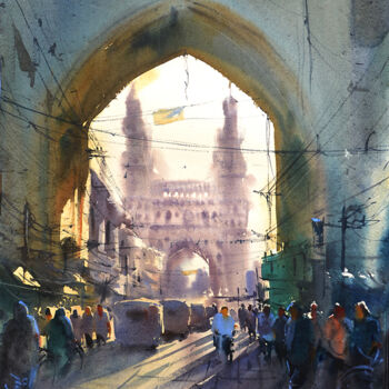 Painting titled "Early morning Chram…" by Kishore Singh, Original Artwork, Watercolor