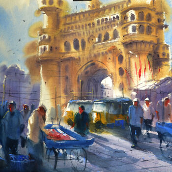 Painting titled "Early morning Chram…" by Kishore Singh, Original Artwork, Watercolor