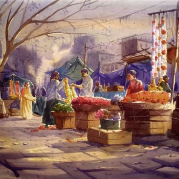 Pittura intitolato "Market11" da Kishore Singh, Opera d'arte originale