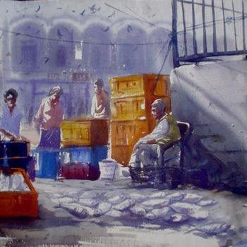 Schilderij getiteld "Market20." door Kishore Singh, Origineel Kunstwerk