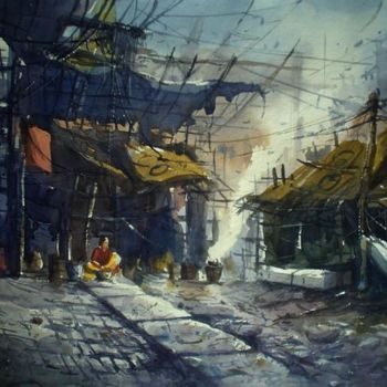 Pintura intitulada "Calcutta_slum" por Kishore Singh, Obras de arte originais