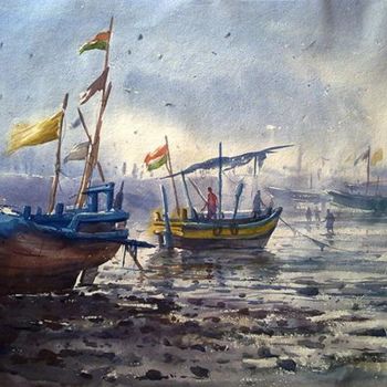 Painting titled "DamanBeach02" by Kishore Singh, Original Artwork, Oil