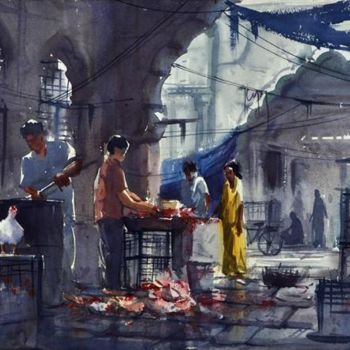 Painting titled "Hyderabad_Market01" by Kishore Singh, Original Artwork, Oil