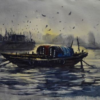 Schilderij getiteld "Kolkatta_BabuGhat01" door Kishore Singh, Origineel Kunstwerk, Olie