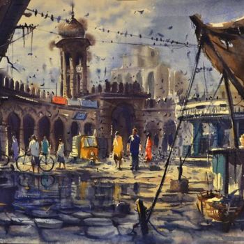 Painting titled "Mozamjahi Market03" by Kishore Singh, Original Artwork, Watercolor