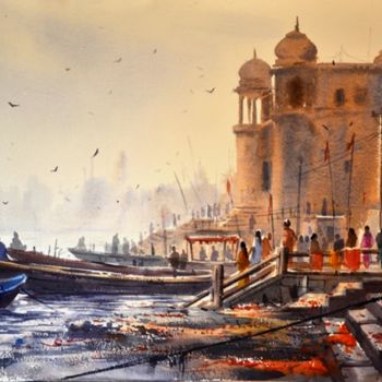 Painting titled "varanasi-12.jpg" by Kishore Singh, Original Artwork, Watercolor
