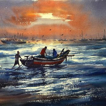 Painting titled "puri-seabeach02.jpg" by Kishore Singh, Original Artwork, Oil