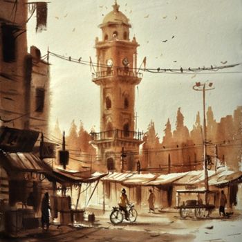 Painting titled "mahboob-chowk-clock…" by Kishore Singh, Original Artwork, Oil