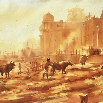 Pintura titulada "Ghat of Varanasi.,I…" por Kishore Singh, Obra de arte original