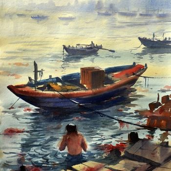Peinture intitulée "Bathing in the holy…" par Kishore Singh, Œuvre d'art originale