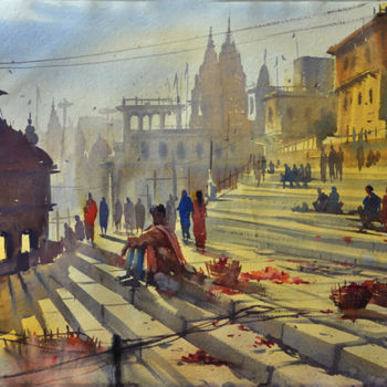 Pintura intitulada "Scindia ghat Varana…" por Kishore Singh, Obras de arte originais