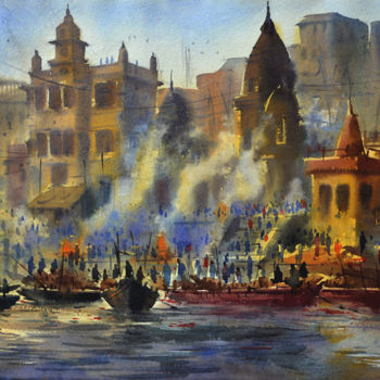 Schilderij getiteld "Manikarnika Ghat,pr…" door Kishore Singh, Origineel Kunstwerk