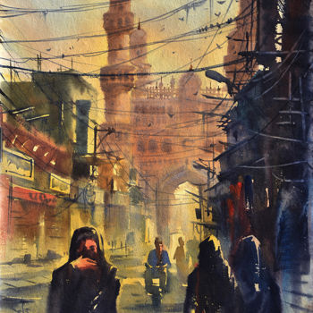 Painting titled "charminar.India" by Kishore Singh, Original Artwork, Watercolor