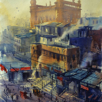 Painting titled "mecca-masjid,charmi…" by Kishore Singh, Original Artwork, Watercolor