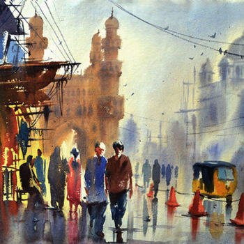 Painting titled "charminar04.jpg" by Kishore Singh, Original Artwork, Watercolor