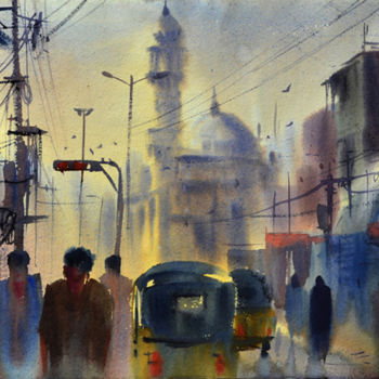 Painting titled "Ek Minar Masjid.,Hy…" by Kishore Singh, Original Artwork, Watercolor