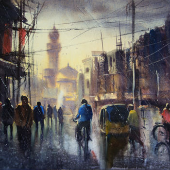 Schilderij getiteld "Oldcity Ek Minar Ma…" door Kishore Singh, Origineel Kunstwerk, Aquarel