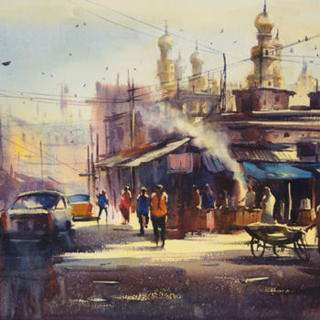 Painting titled "oldcity.jpg" by Kishore Singh, Original Artwork, Watercolor